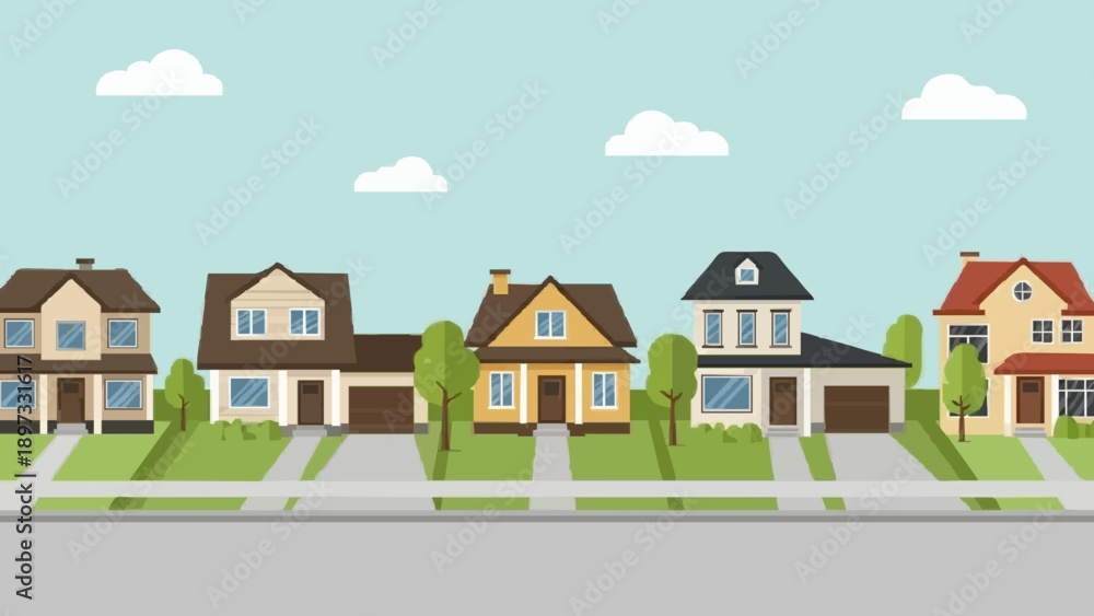 Fototapeta premium Suburban homes line a quiet neighborhood street