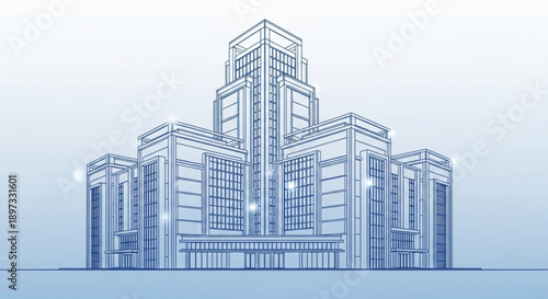 A detailed blue architectural drawing of a modern multitowered building complex with numerous windows and balconies