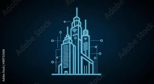A futuristic cityscape with sleek skyscrapers and neon blue lines on a dark background with technical elements