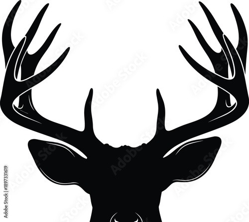 Black Silhouette of a Trophy Whitetail Deer Head with Large Antlers Isolated on White Background for Hunting Outfitter Logo or Wilderness Graphic Design Element