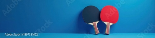 Pair of new table tennis rackets against a solid blue backdrop, indoor, blue background, item