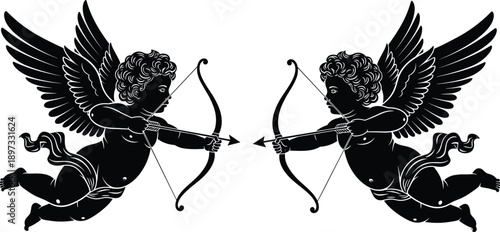 Black silhouette of two flying Cupid angels with bows and arrows isolated on white background, romantic Valentine's Day mythological character vector for graphic design.