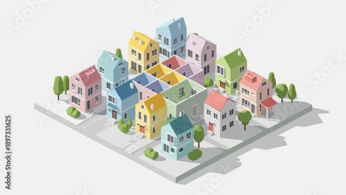 Colorful neighborhood with diverse houses and trees on a street