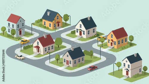 Suburban neighborhood with colorful houses and cars on quiet streets