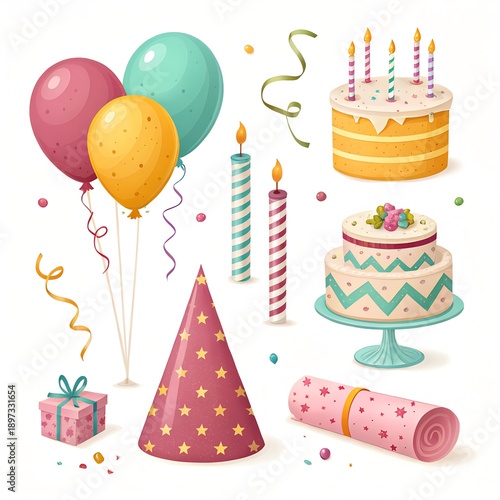 Birthday Party Celebration Set with Cake, Balloons, Candles and Gift Illustration.