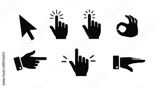 Various hand gestures and computer cursors displayed as a dark silhouette