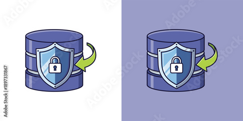 Illustration of a shield with a lock on a cylindrical object, symbolizing data security and protection from a front viewpoint