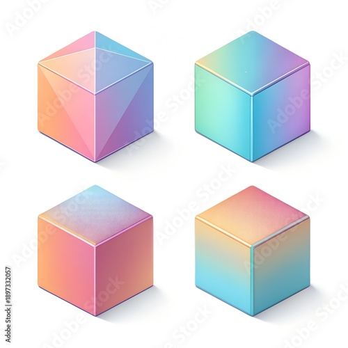Pastel Gradient Cube Set, 3D Geometric Illustration on the white background, Soft Color Abstract Shapes, Minimal Modern Design Elements, Trendy Isometric Blocks for Creative Branding.