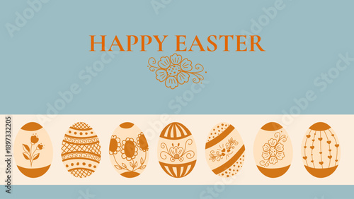 Clean Easter banner with horizontal row of decorated eggs. Minimal layout, soft pastel tones, ideal for website headers, email marketing and spring holiday cards.