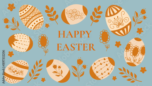 Festive Easter banner with decorative eggs, flowers and leaves arranged around Happy Easter text. Bright spring composition for banners, cards and holiday advertising.