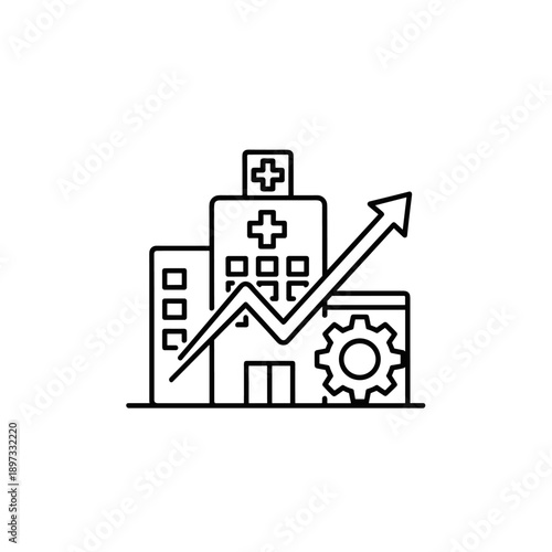Hospital Building with Growth Chart and Gear Icon.