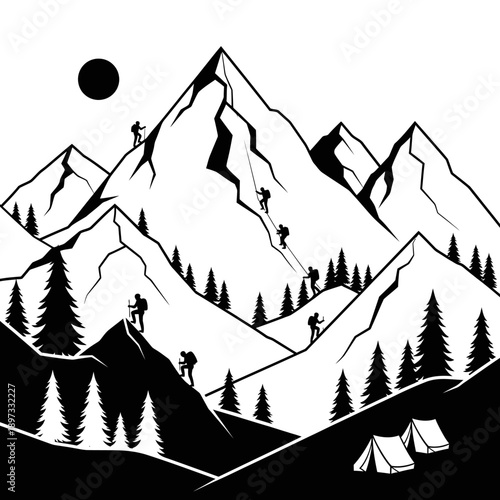 Illustration of mountaineers scaling challenging peaks amidst a stylized landscape under a sun