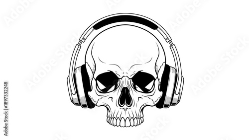 Illustrative black and white drawing of a skull wearing modern headphones on a white background