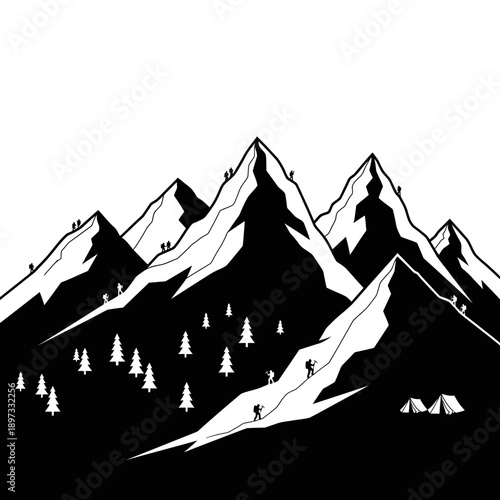 Illustrative Black and White Mountain Range with Climbers and Fir Trees Expedition Adventure