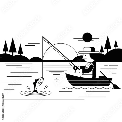 Illustrative scene of a person fishing from a boat at sunset surrounded by trees