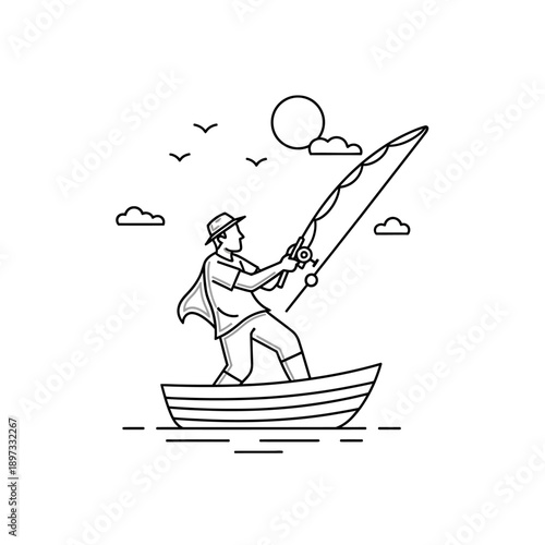 Illustrative fisherman in a boat casting a fishing rod under a sunny sky with birds flying