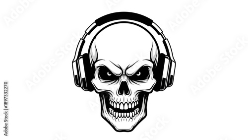Intense Skull Wearing Headphones Emblematic of Music and Rebellion