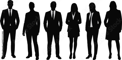 Silhouette group of six business professionals in suits and corporate attire standing side by side representing teamwork, diversity, leadership, professionalism, and corporate identity illustration