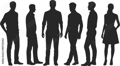 Silhouette group of six diverse people in casual and formal attire standing side by side representing diversity, anonymity, individuality, teamwork, and social identity illustration