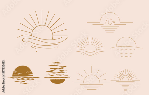 Minimal sunset line art icon in boho style with minimal Celestial Vector Collection