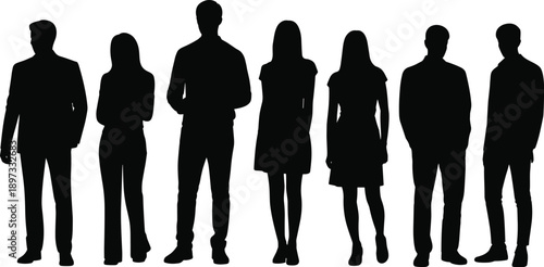 Silhouette illustration of diverse individuals standing side by side—black vector design for team concept, group identity, social unity, and people-themed graphics.