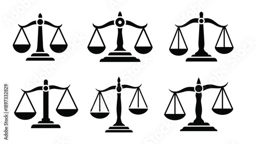 Scales of justice icons presented in a bold black silhouette