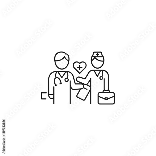 Two medical professionals shaking hands with a heart symbol.