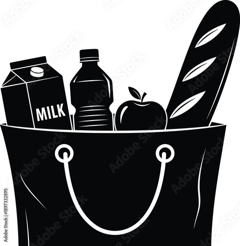 Black and white grocery shopping bag filled with fresh milk carton, water bottle, apple, and baguette bread, cad drawing flat vector illustration
