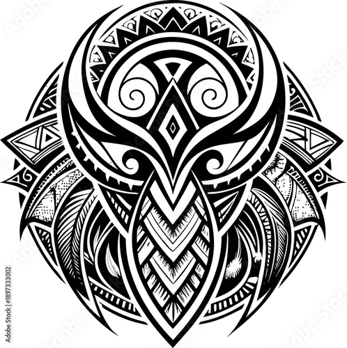 Symmetric Tribal Tattoo Design with Intricate Polynesian Patterns, Black and White Abstract Shield Emblem