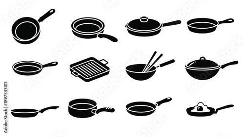 Black cookware collection illustration displaying various kitchen pots and pans silhouette