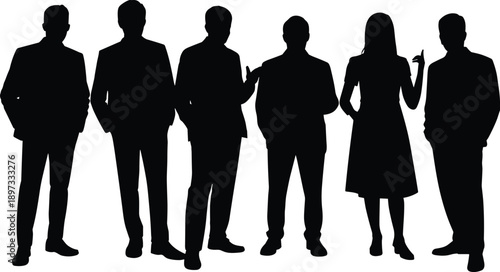 Silhouette illustration of six business professionals standing in a row—black vector design for corporate team, workplace diversity, leadership, and business-themed graphics.