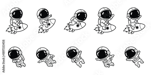 Cartoon astronaut bundle with flying riding rocket and floating poses outline illustration