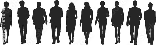 Silhouettes of diverse business professionals walking together in a row, symbolizing teamwork, leadership, corporate culture, unity, success, collaboration, and modern workplace diversity.