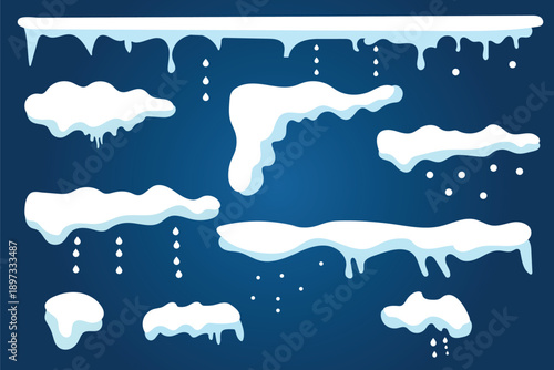 Christmas snow caps on roofs and windows, vector cartoon winter snowball and snowflakes. Snow drifts or snowy ice piles of thick frost, frozen roofs and window edges covered with snow caps effect