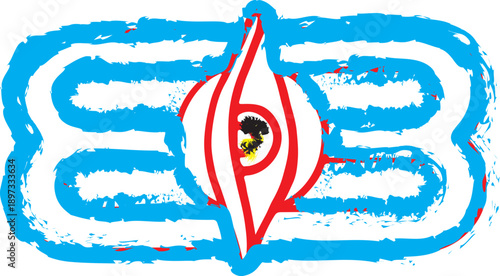 A stylized red and white symbol encased within a symmetrical blue grunge border Vector, illustration