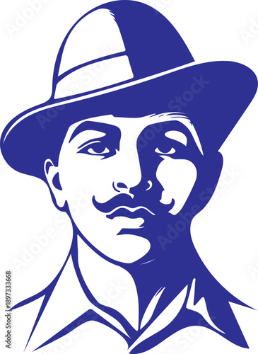 A stylized blue and white portrait of shaheed bhagat singh, an indian freedom fighter Vector, illustration