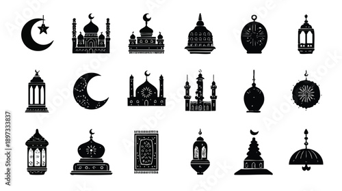 Silhouettes of Islamic Architecture and Lantern Icons.