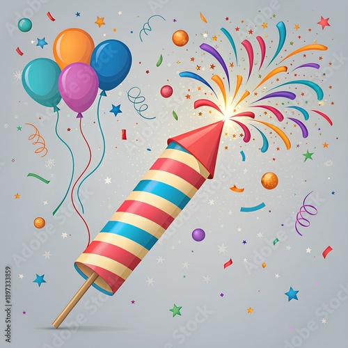 Colorful Firework Rocket with Balloons and Confetti Celebration Illustration.