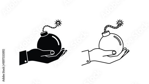 Hand holding a bomb with lit fuse outline and solid silhouette