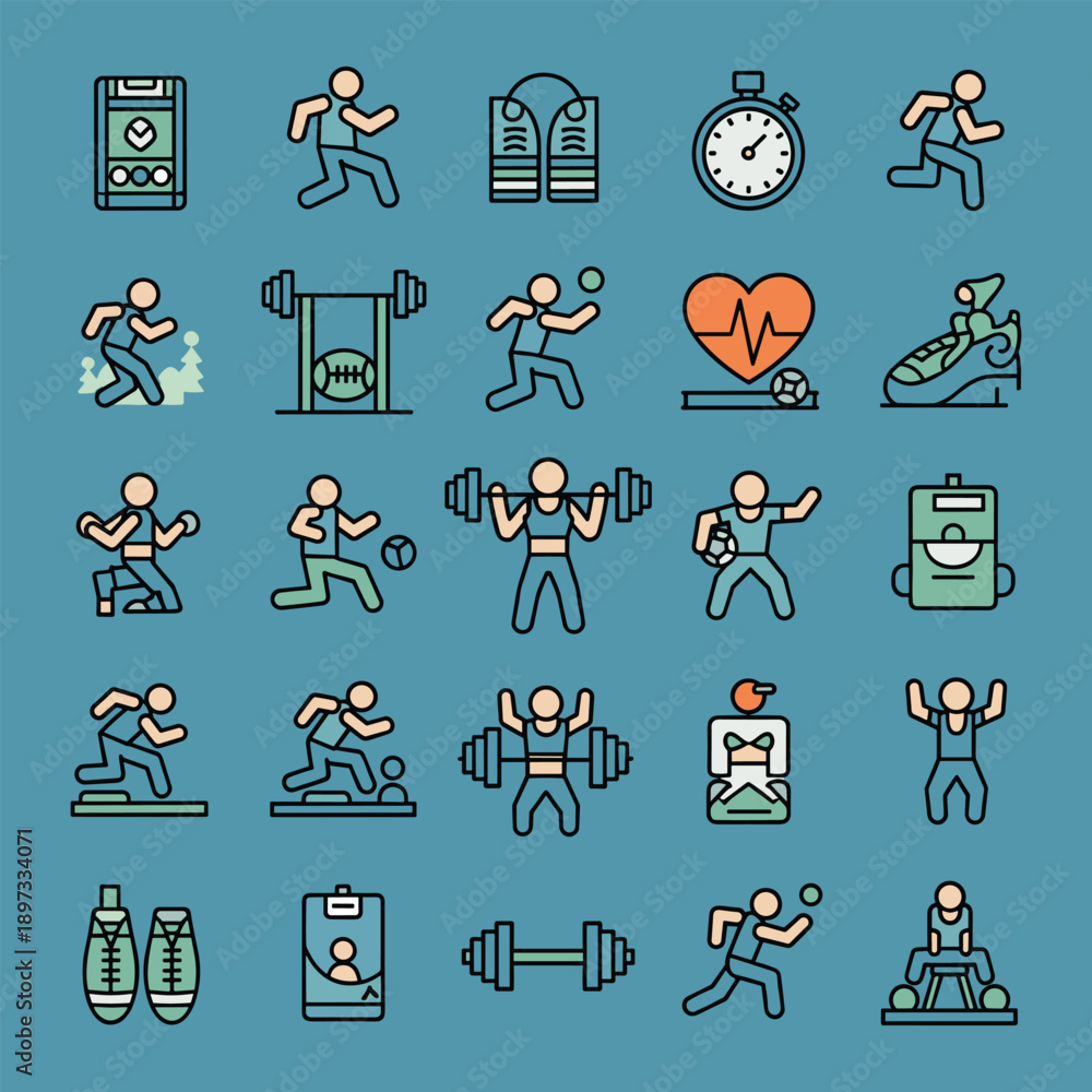 Fototapeta premium Various fitness activities and exercises illustrated in a grid layout with simple icons and monochromatic colors