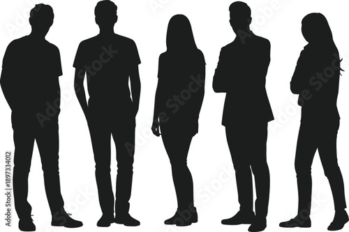 Silhouettes of five diverse individuals standing in a row, highlighting unity, gender balance, posture variation, and social identity for design, lifestyle, or research themes.