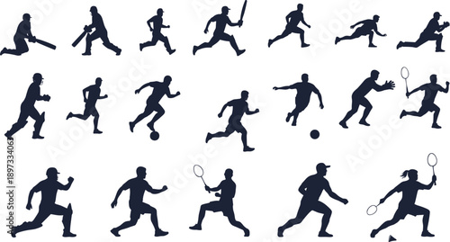 Sports silhouette vector set featuring cricket football soccer tennis and badminton players in action for athletic fitness and competition graphic designs