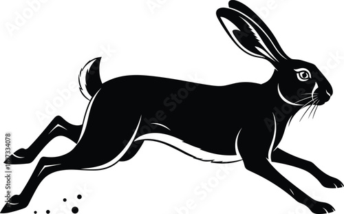 Running Black Hare Silhouette Vector Illustration of a Wild Jackrabbit Leaping Isolated on White Background for Wildlife Nature Sports and Dynamic Speed Concept Graphics