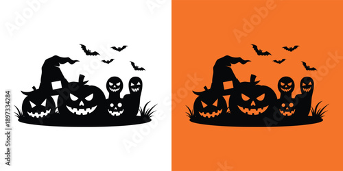 Halloween Pumpkins and Ghosts Silhouetted Against a Vibrant Background with Flying Bats