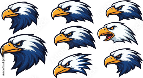 Set of powerful eagle head mascots with sharp beaks and intense eyes for sports team logos and patriotic branding vector illustration