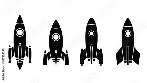 Four black rocket ship designs aligned in a horizontal row silhouette
