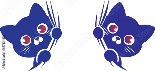 Two curious blue cartoon cat heads peeking from the sides with large red eyes Vector, illustration