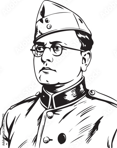 A black and white line art portrait of the great indian freedom fighter subhas chandra bose Vector, illustration