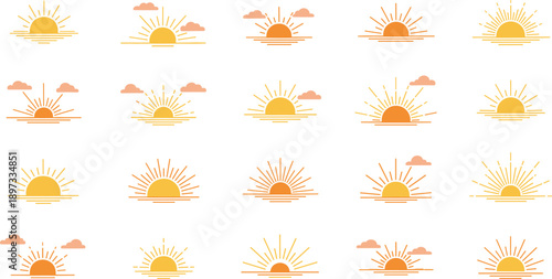 Set of yellow sunrise and sunset icons with sun rays and clouds for weather forecast morning hope and summer nature concept
