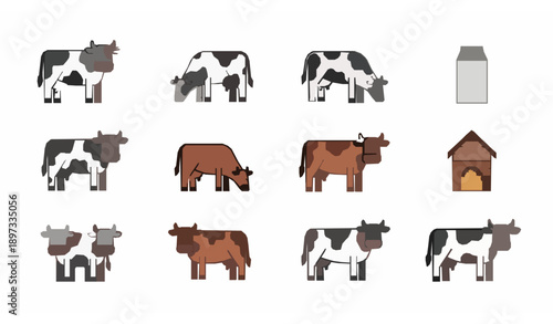 Cute cartoon cow flat vector illustration set for kids and farm themes